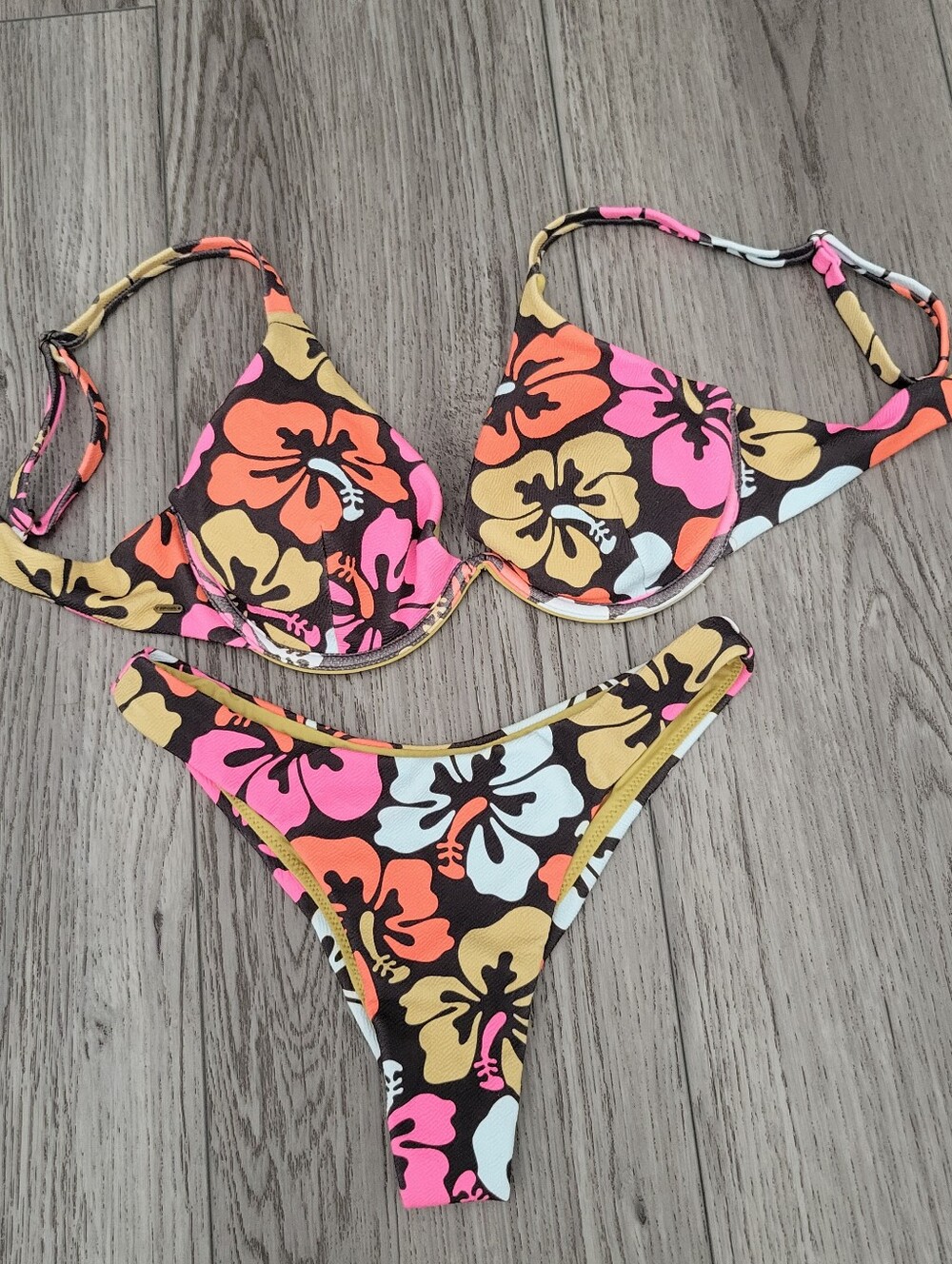 Rip Curl Floral Bikini Set in Brown with Pink, Orange & Cream Hibiscus Print